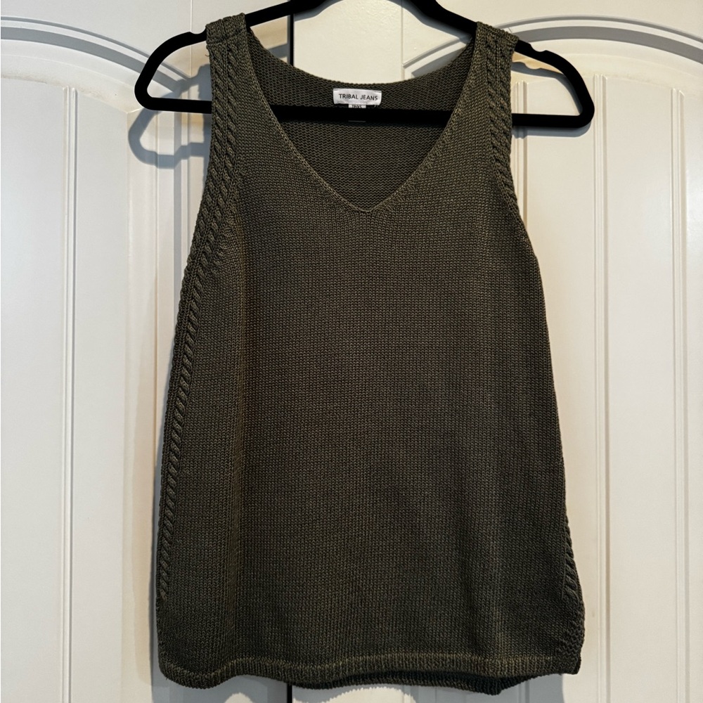 Tribal Olive V-Neck Sleeveless Sweater